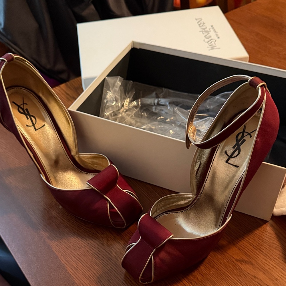 Yves Saint Laurent Burgundy Satin Peep-Toe Heels